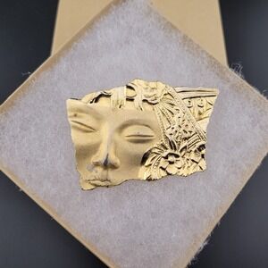 Vintage JJ Jonette GoldTone Art Deco Style Pin Brooch Asian Face AS IS